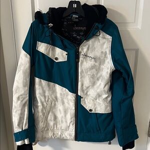 Obermeyer Sara Teal/Grey Ski/Snowboard Jacket Hooded Removable Fur Size 6
